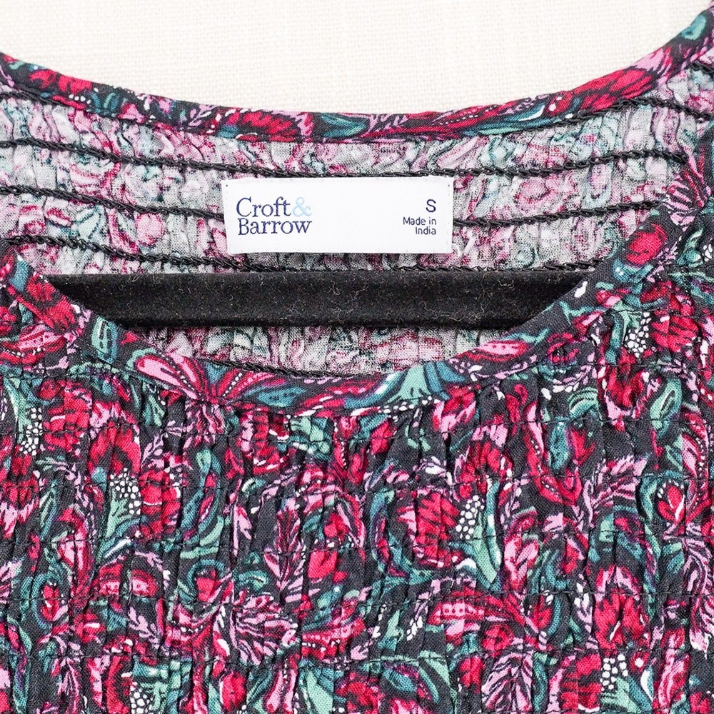 Croft Barrow Black Smocked Challis Fit Flare Dress S Maroon Paisley Cottagecore - Picture 4 of 12